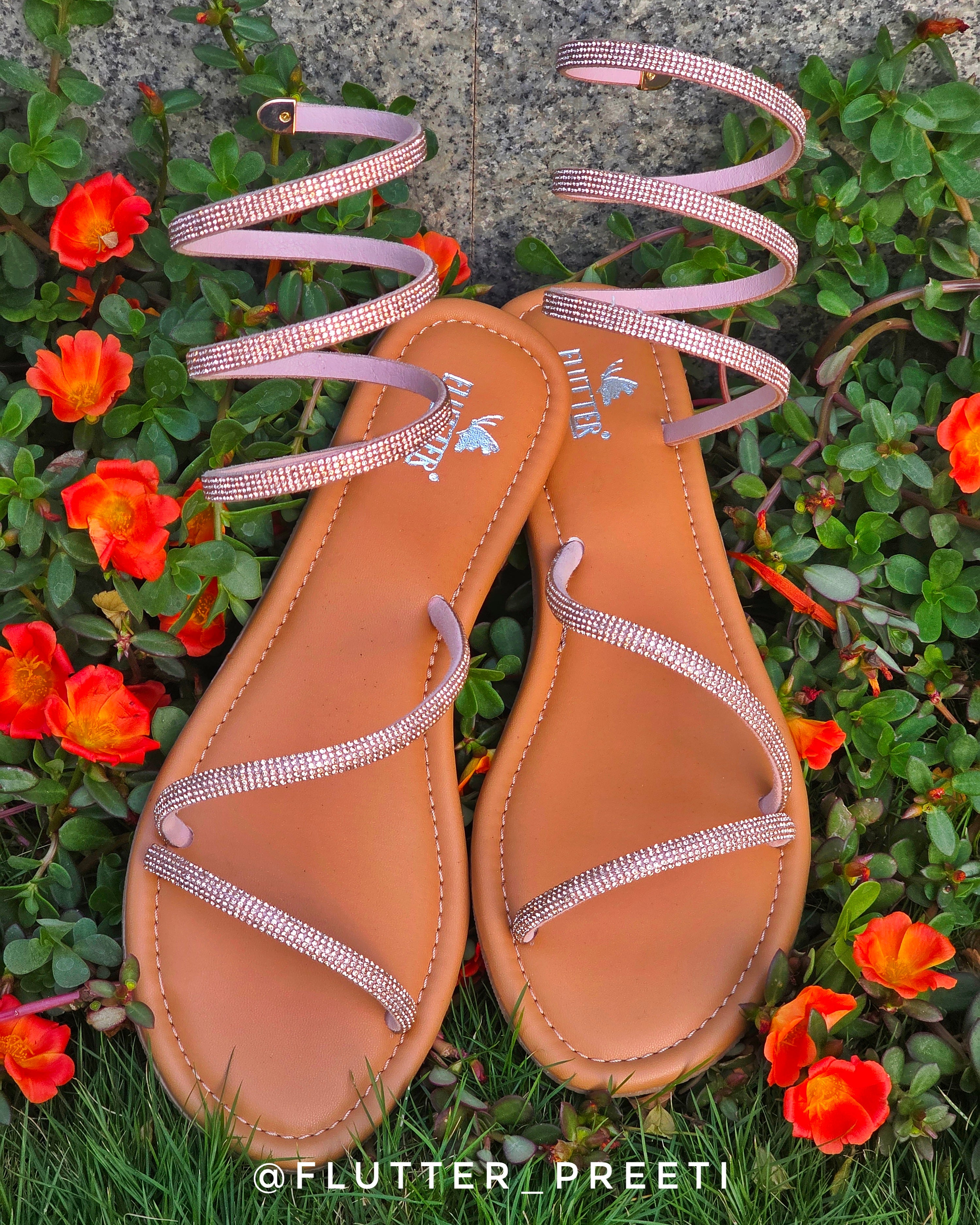 Glitterati Rhinestone Wrap Around Flats in Rose Gold