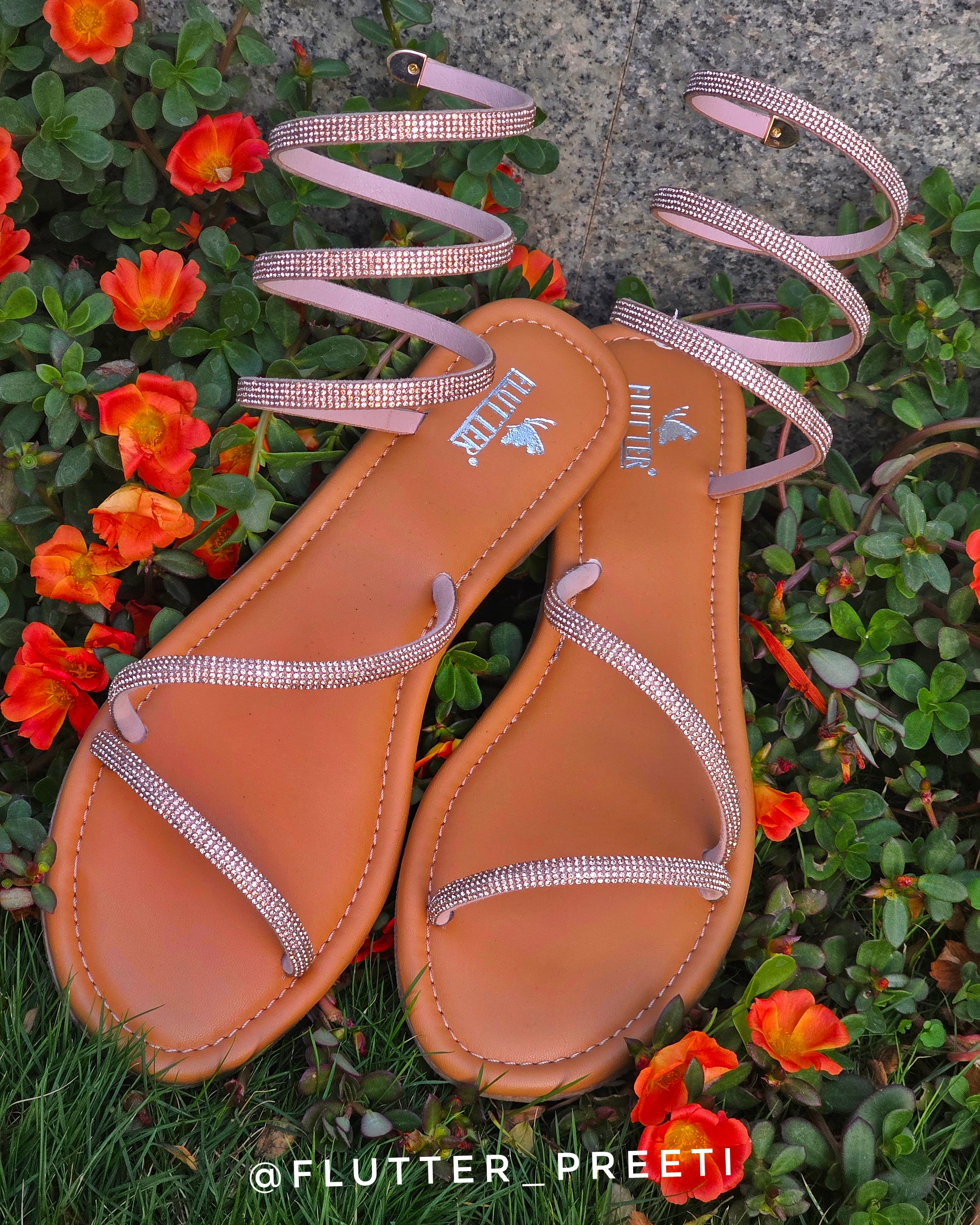 Glitterati Rhinestone Wrap Around Flats in Rose Gold